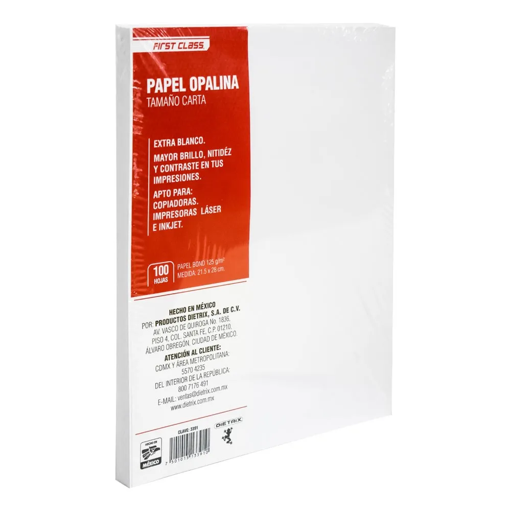 PAPEL OPALINA TAMAÑO CARTA 21.5X28CM 125GR C/100HJ FIRST CLASS