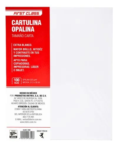 CARTULINA OPALINA TAMAÑO CARTA 21.5X28CM 225GR C/100HJ FIRST CLASS